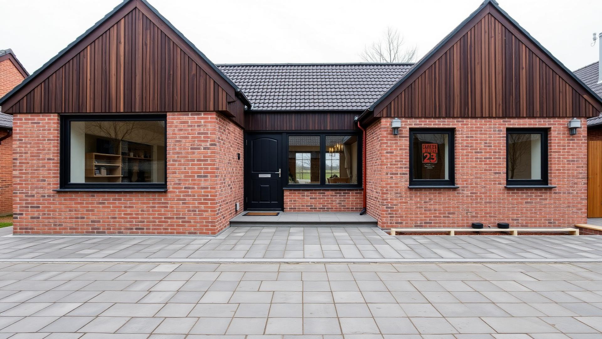 Moderne dansk bolig under renovering med nyanlagt belægning foran huset